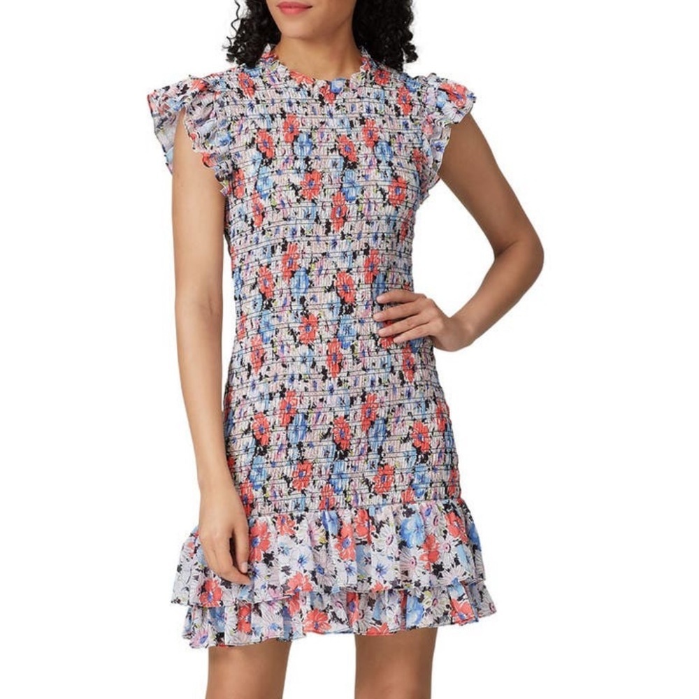 Veronica Beard Cici Floral Printed Smocked Ruffle Flutter Sleeve Mini Dress 12